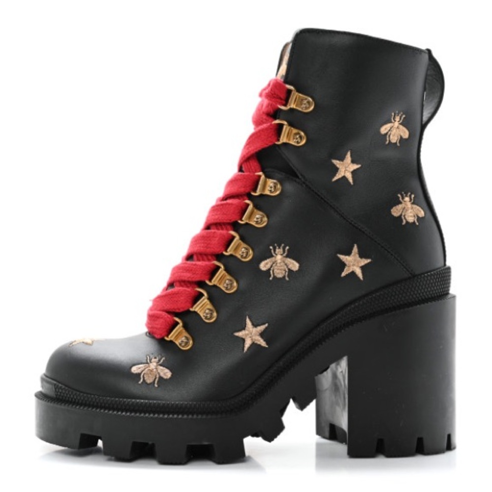 Gucci Calfskin Embroidered Lace Up Combat
Ankle Boots